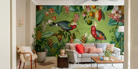Nature-inspired tropical mural with wildlife and vintage charm

