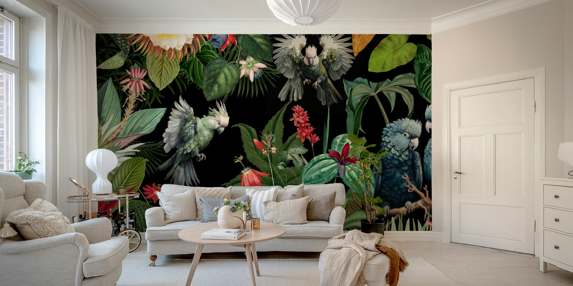 Nature-filled collage mural with tropical flowers and greenery

