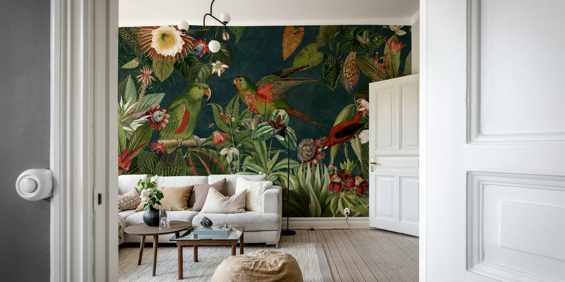 Tropical wall mural with rich greenery and vintage garden details

