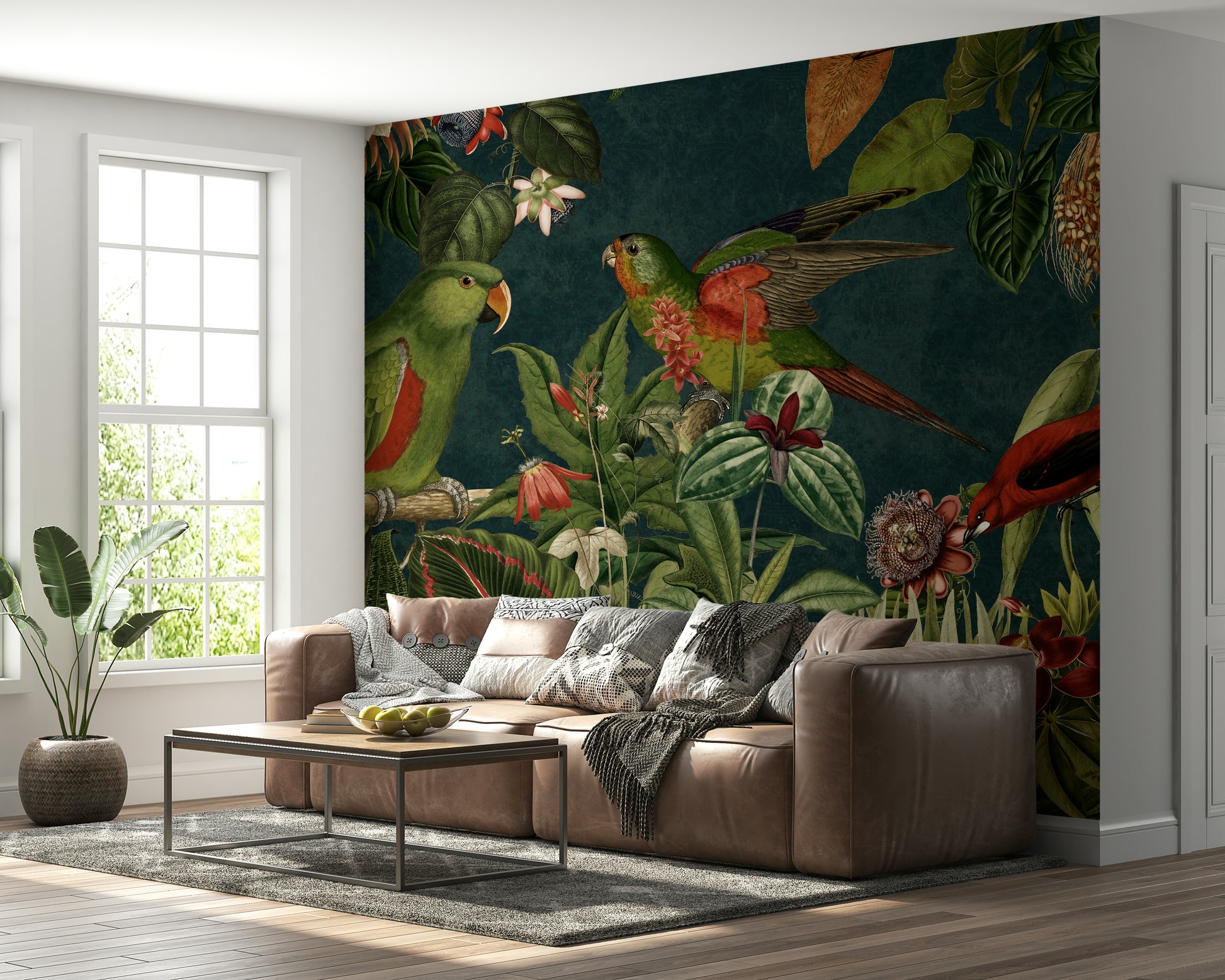 Vintage garden mural with tropical foliage and serene vibes

