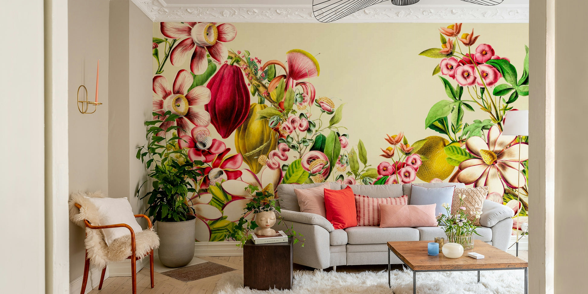 Elegant botanical wall mural featuring vintage floral designs

