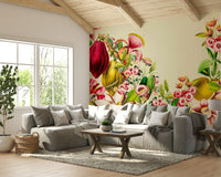 Vintage-inspired wall mural with botanical flowers and greenery

