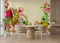 Wall mural with vintage botanical elements and lush plants

