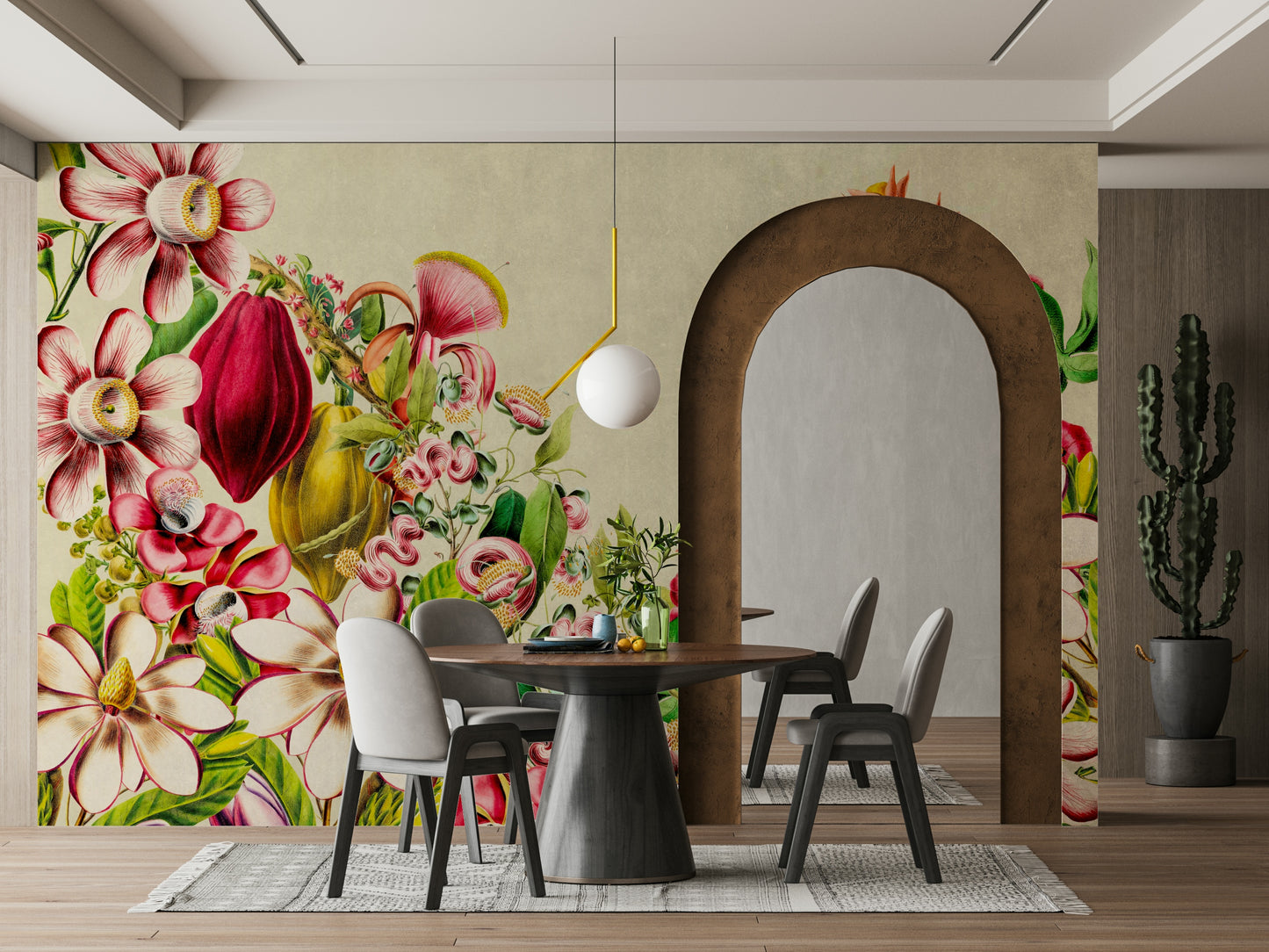 Nature-inspired mural with vintage style botanical patterns

