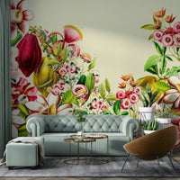 Vintage botanical wall mural with intricate flowers and leaves

