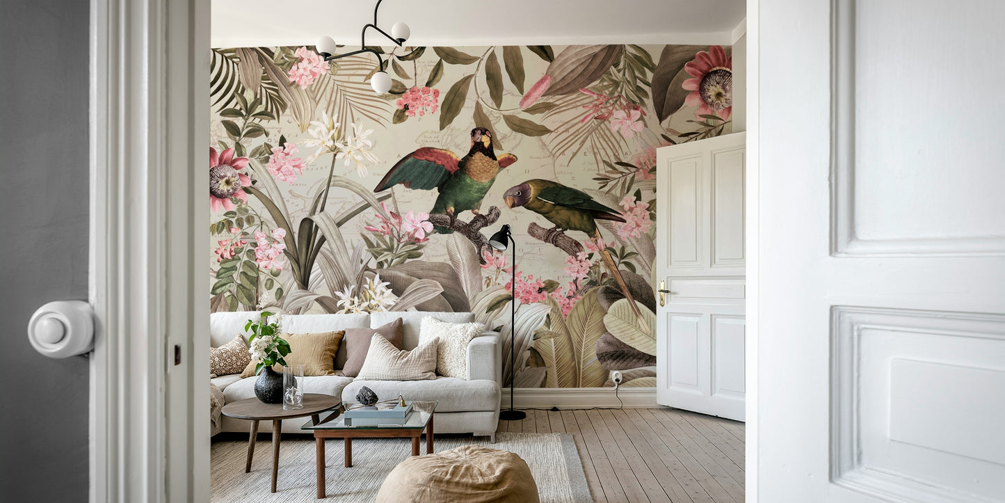 Tropical rainforest mural with vintage design and wildlife

