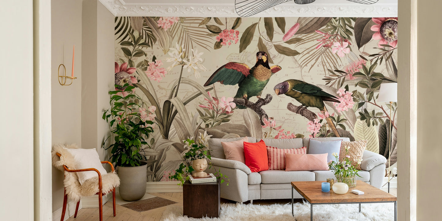 Exotic jungle wallpaper mural with rich greenery and animals

