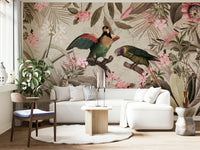 Vintage-inspired wallpaper mural with tropical jungle elements

