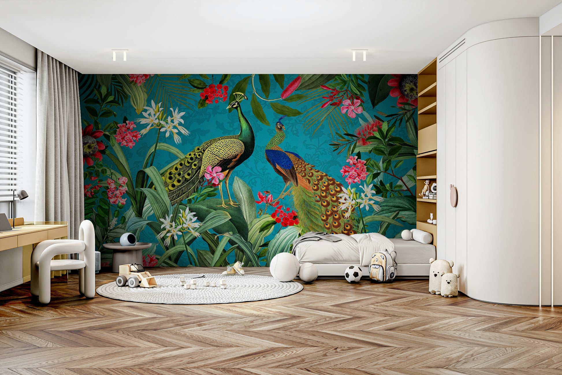 Stunning peacock mural for tropical-inspired rooms

