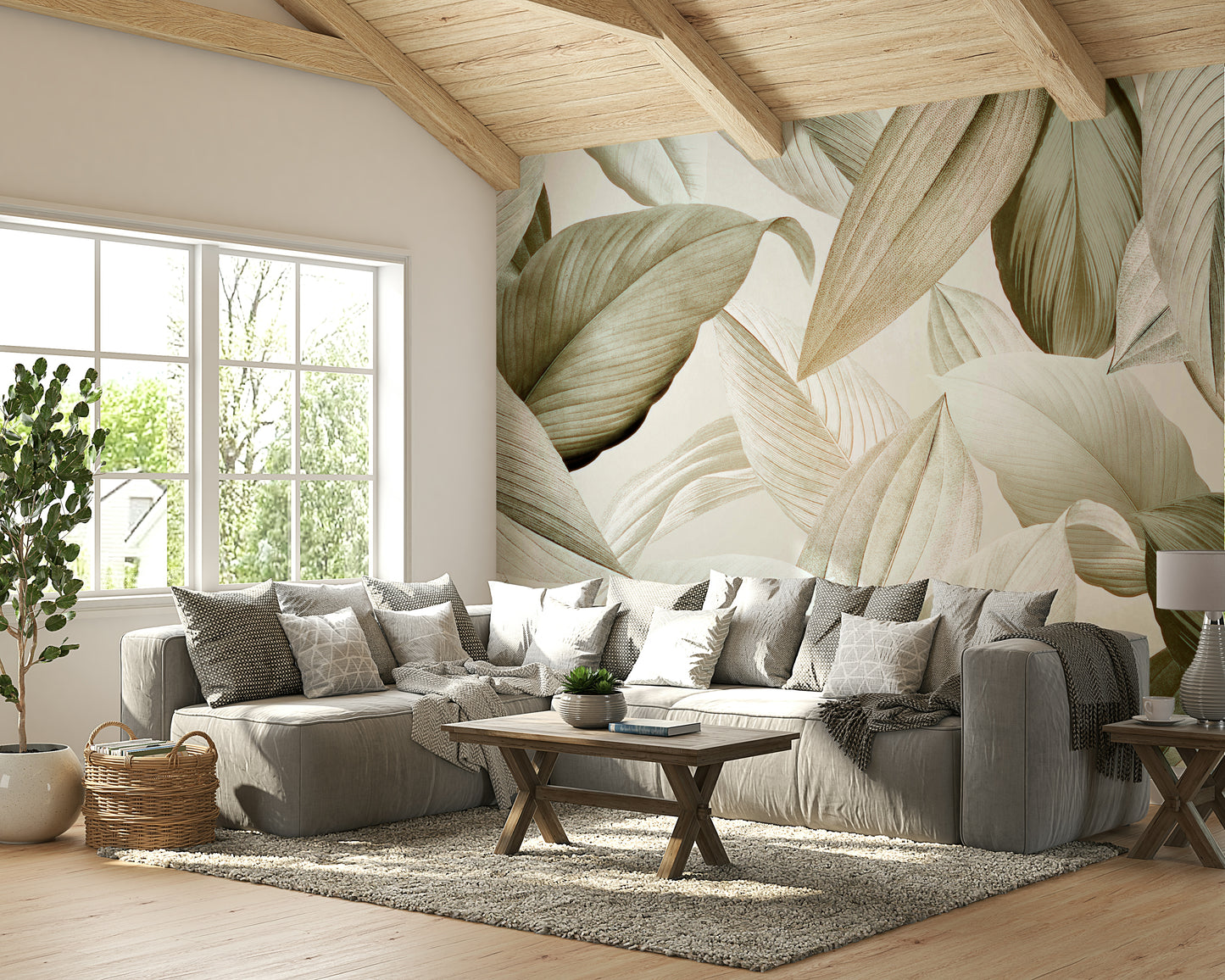 Soft, tranquil leaf mural for nature-inspired interiors

