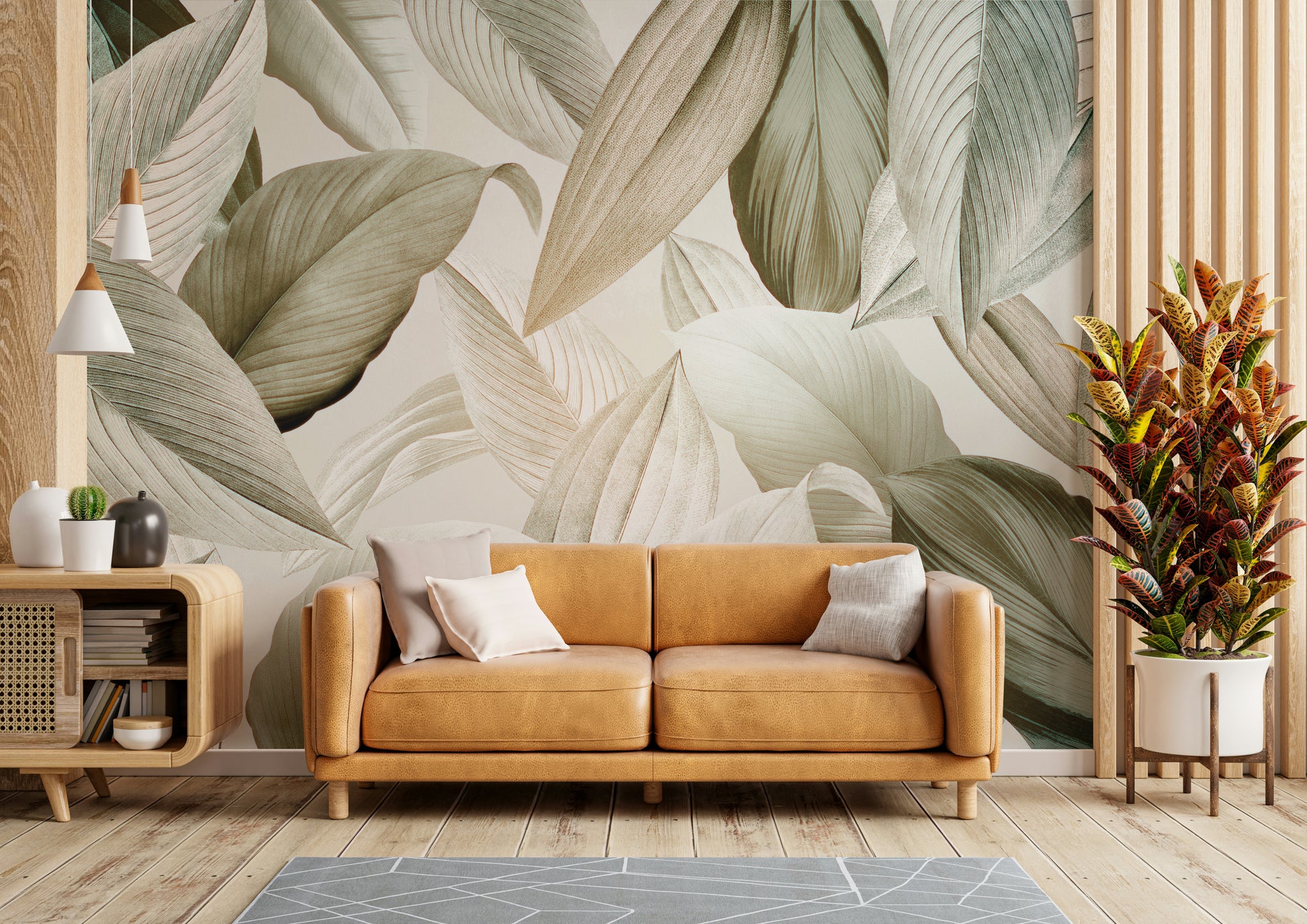 Nature-inspired mural with delicate green foliage

