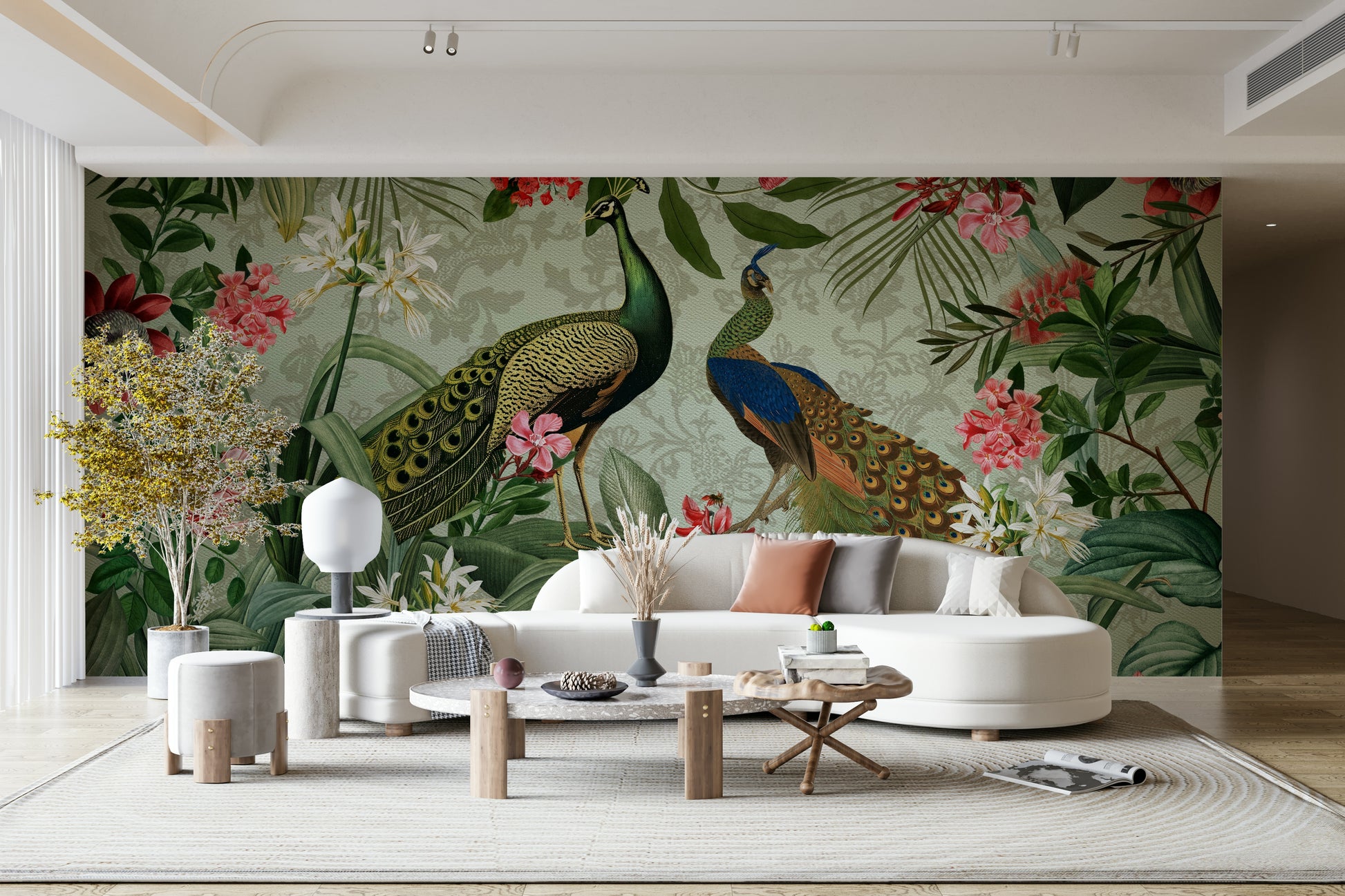 Artistic wallpaper with peacock motifs

