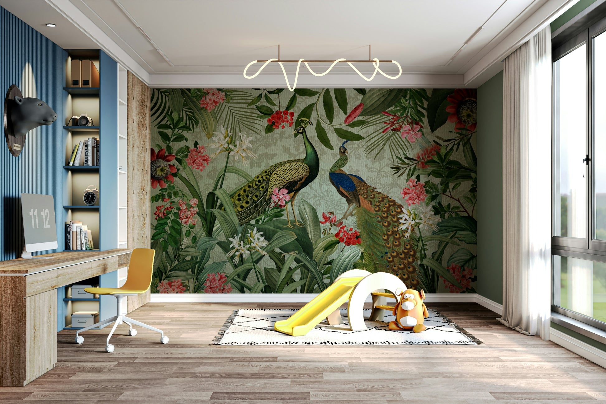 Vibrant peacock mural for living rooms

