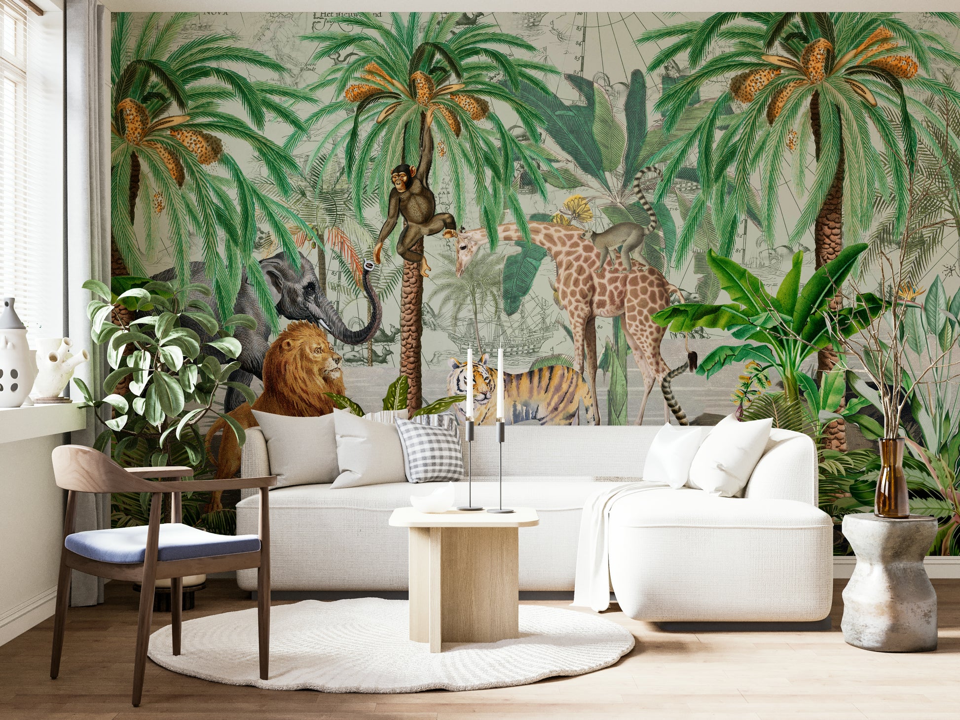 Vibrant mural wallpaper with plants and animals

