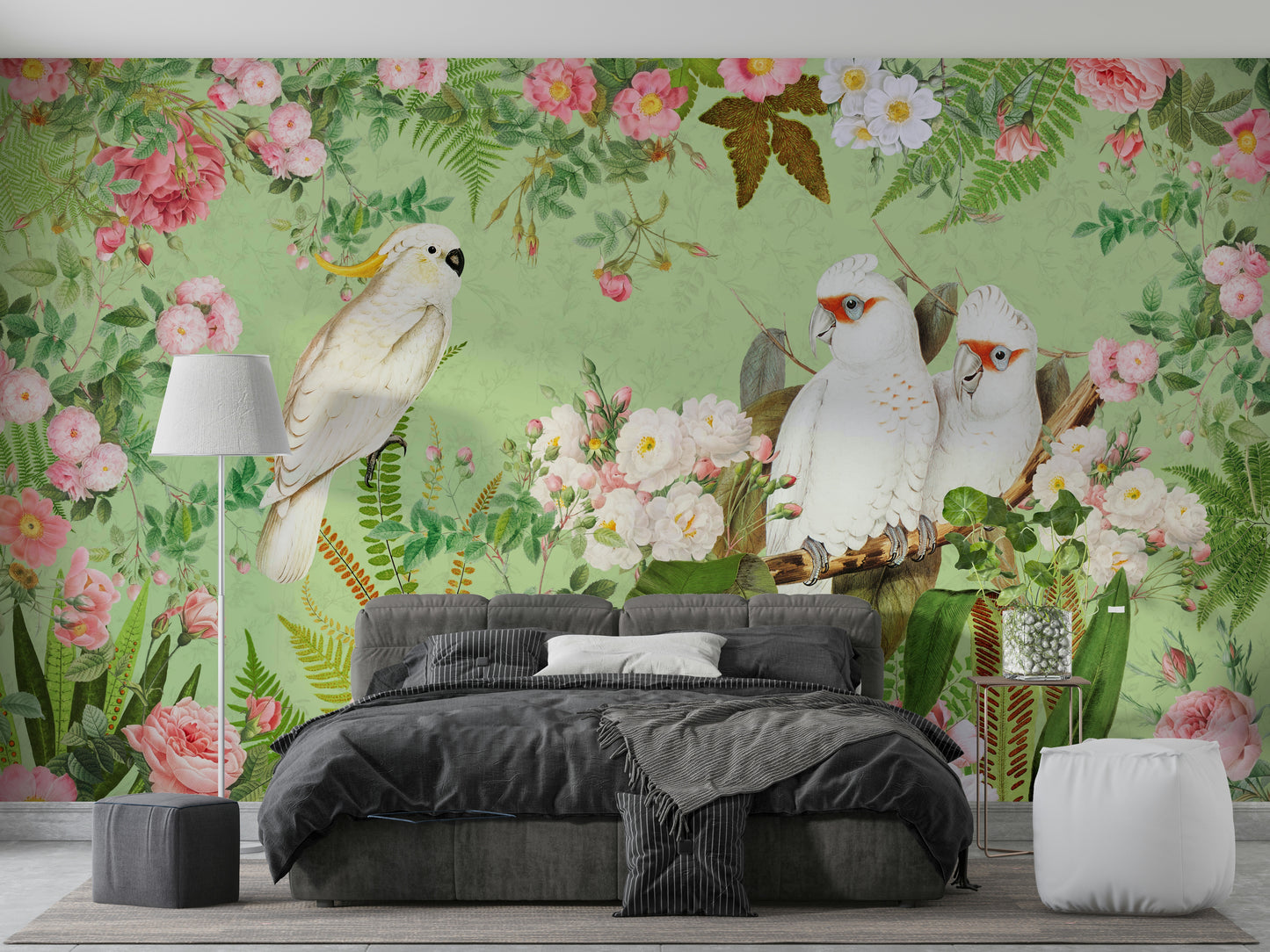 Botanical wallpaper with cockatoos

