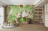 Hand-painted rose and bird wallpaper

