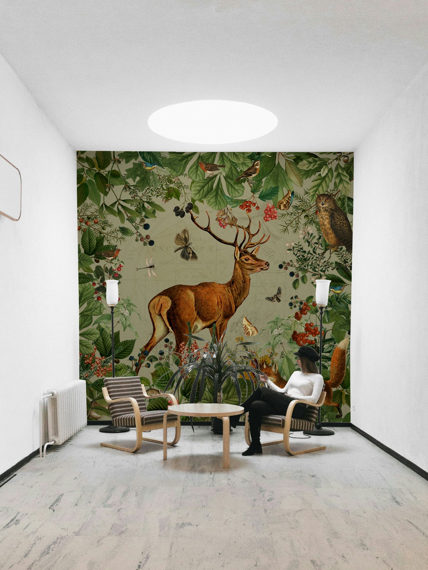 Soft tree and animal mural wallpaper

