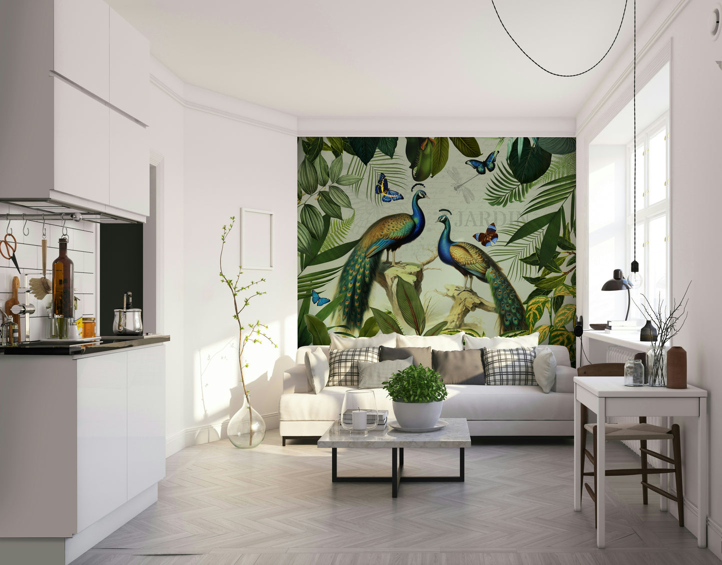 Sophisticated mural wallpaper with peacocks

