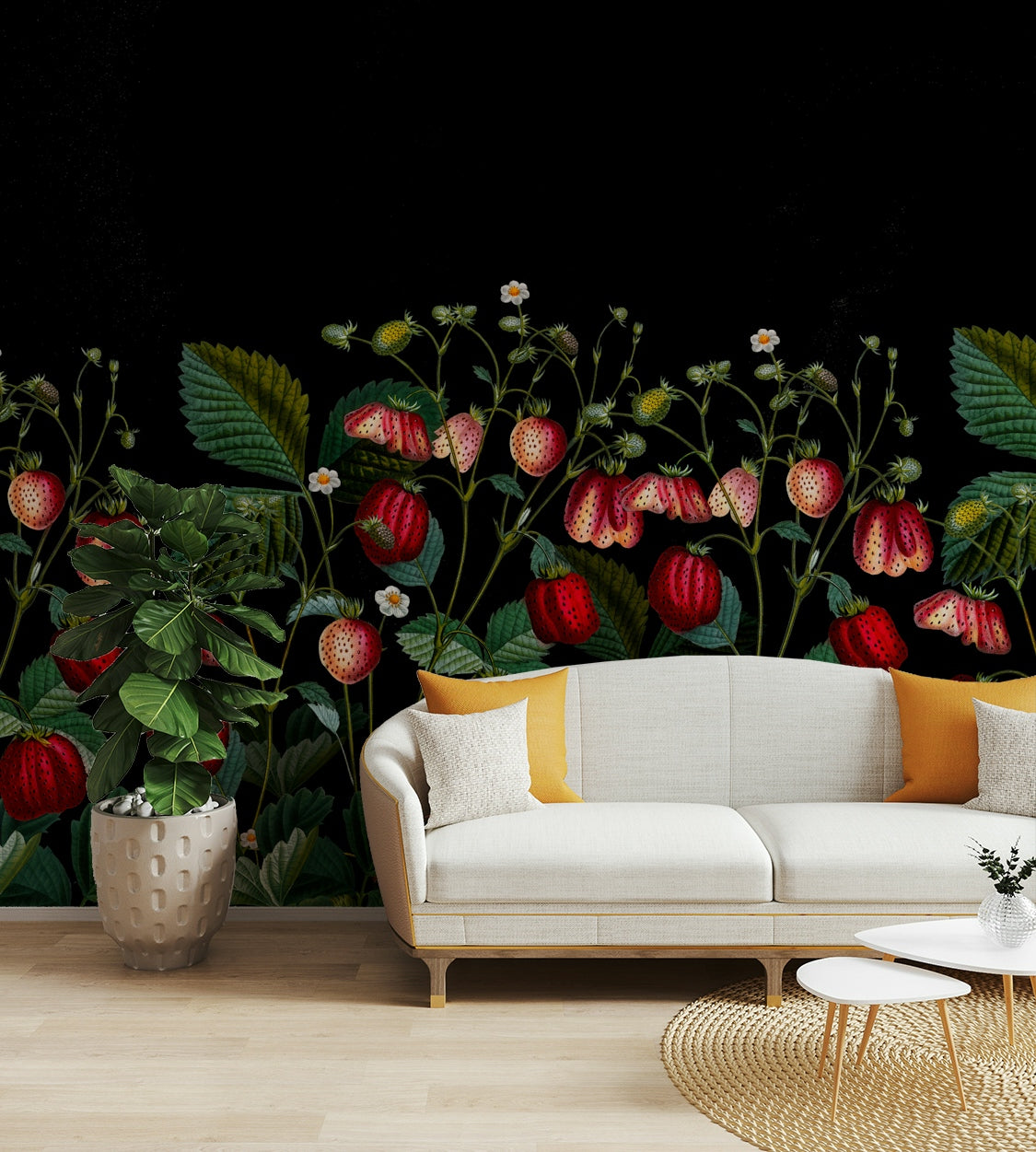 Floral wallpaper with berries and leaves

