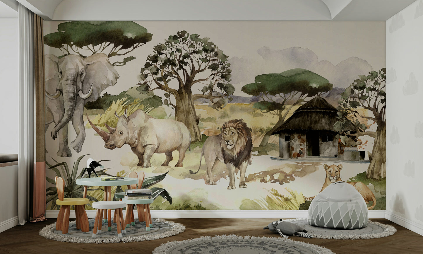 Artistic wildlife wall mural with soft tones

