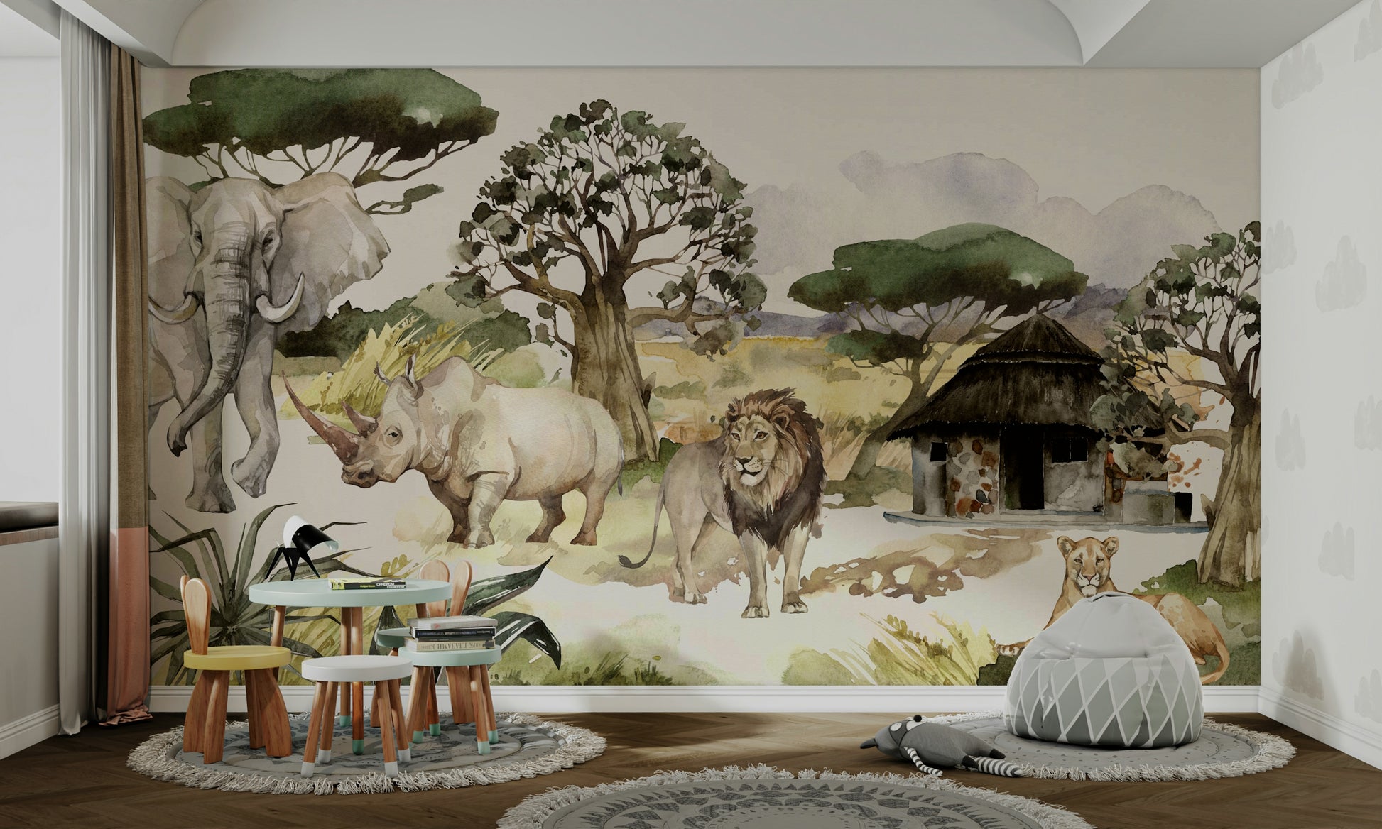 Artistic wildlife wall mural with soft tones

