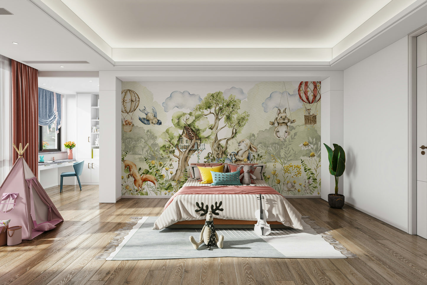 Whimsical forest wall mural with trees

