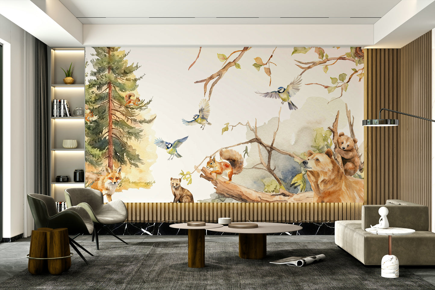 Rustic woodland wall mural for interiors

