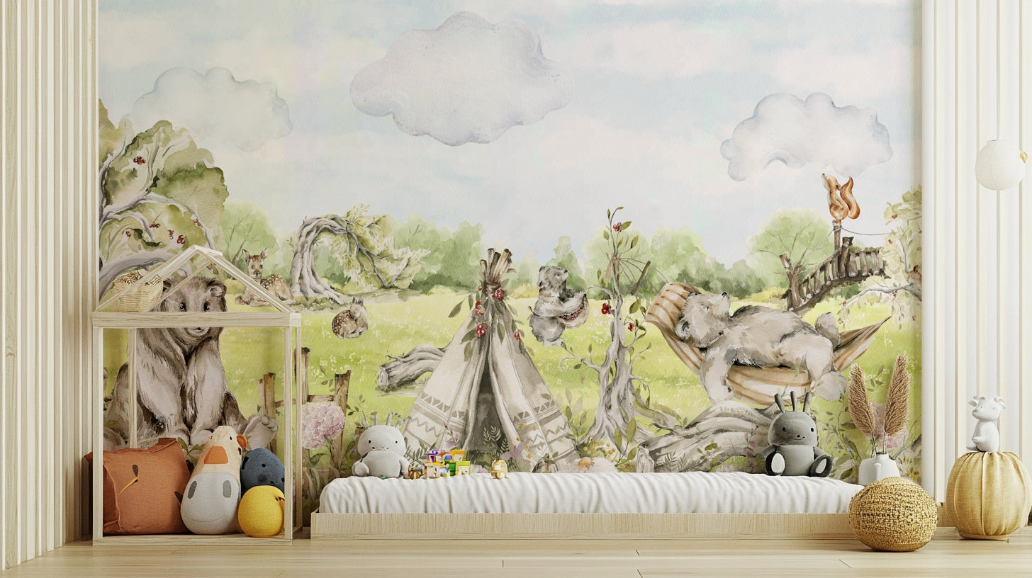Woodland mural wallpaper with soft trees

