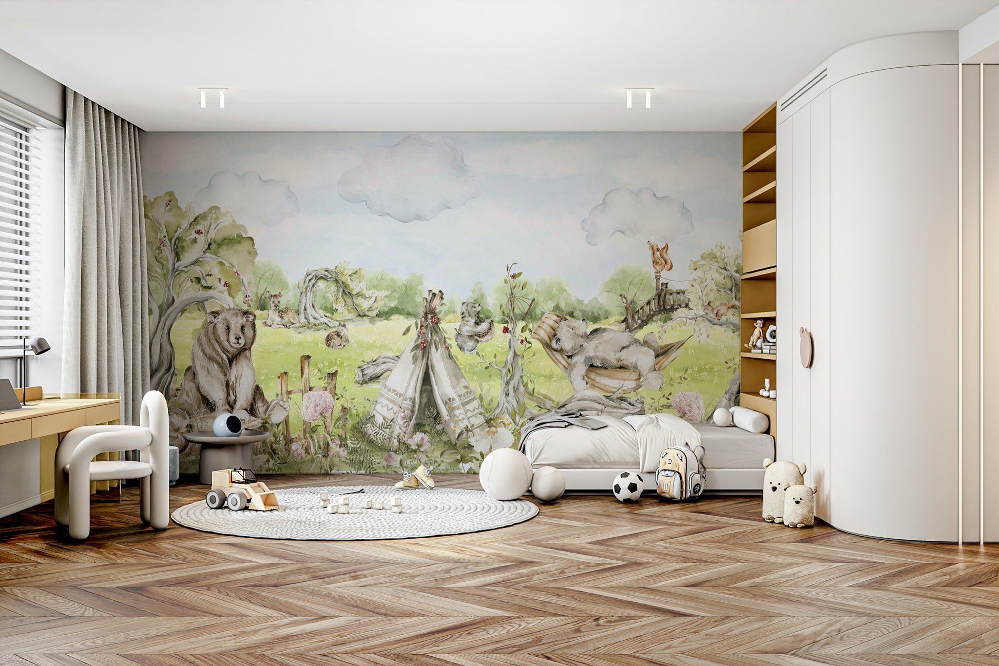 Nursery wall mural with woodland theme


