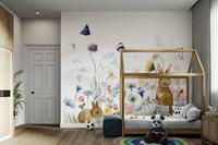 Playful bunny wall mural with garden design

