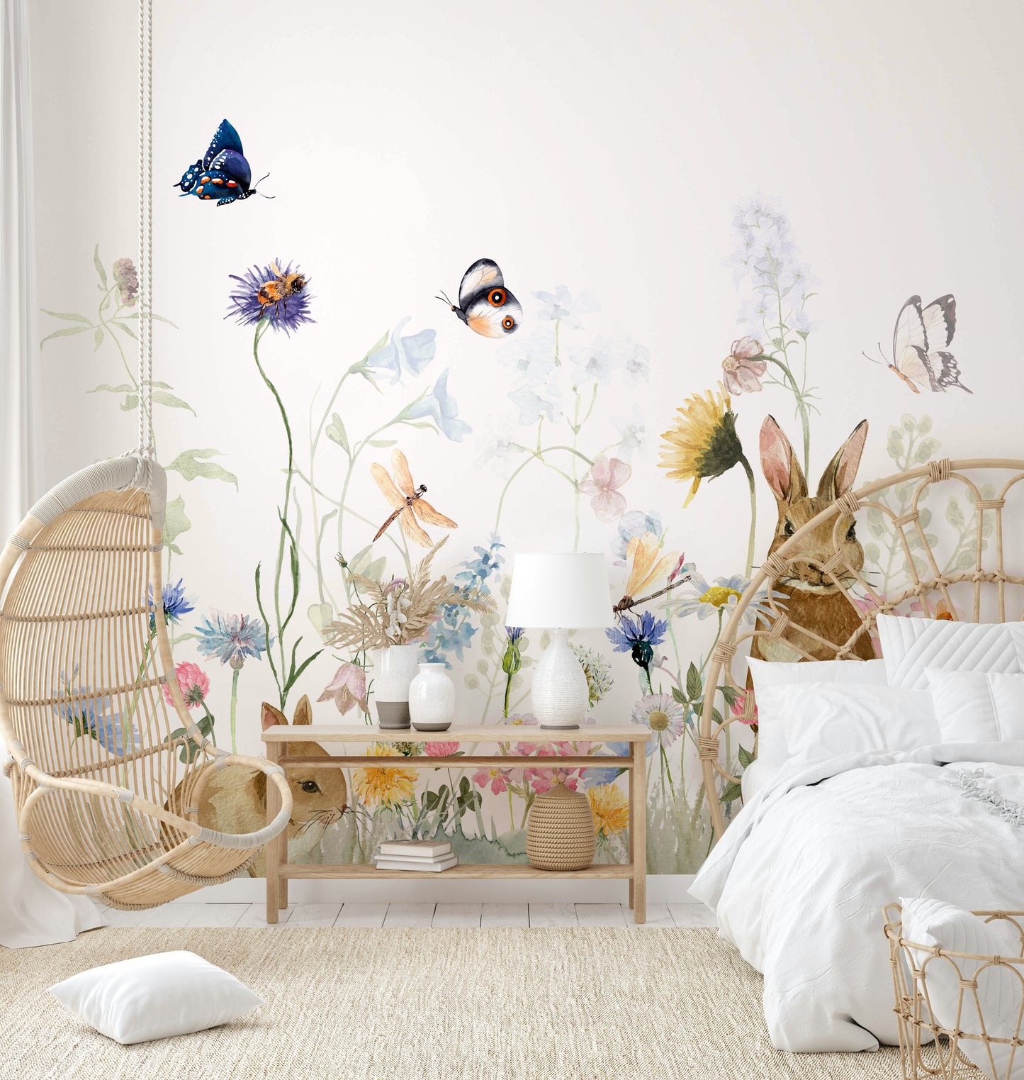 Hand-drawn rabbits in nature wall mural

