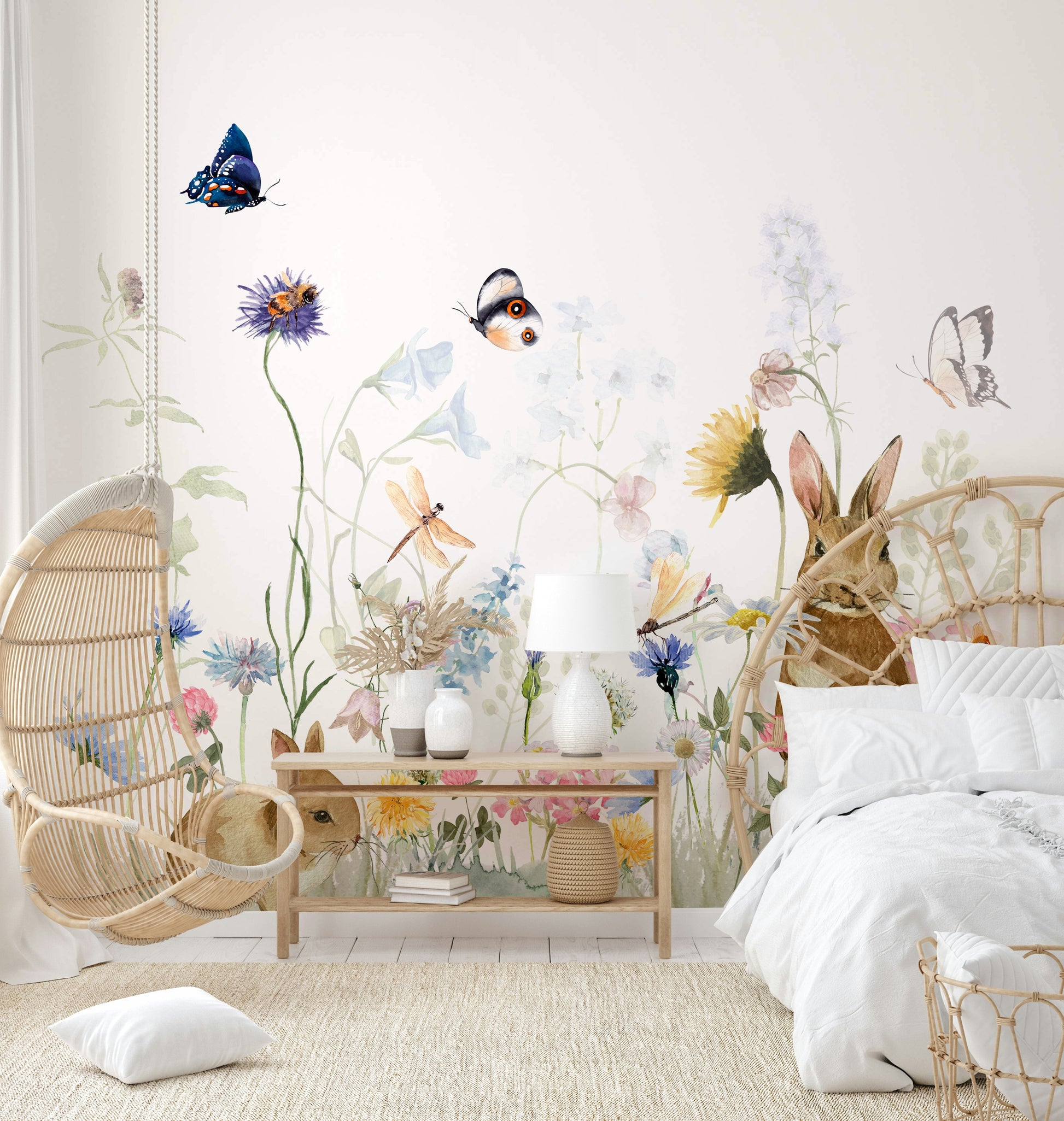 Hand-drawn rabbits in nature wall mural

