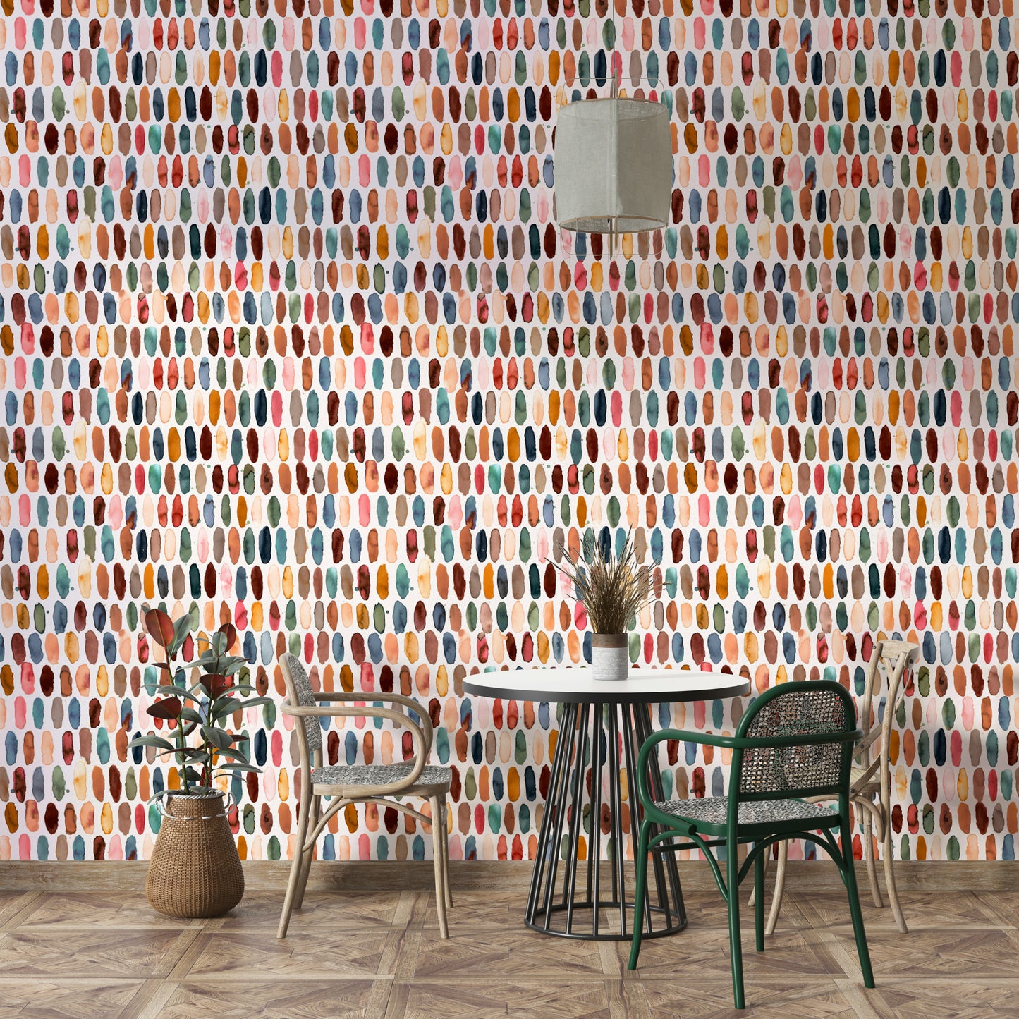 Wallpaper with matte brown and copper pattern elements.

