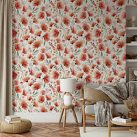 Light and airy floral mural with orange meadow poppies.

