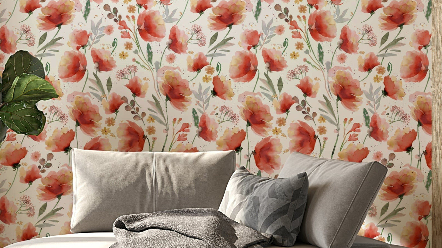 Poppies Meadow Orange Wallpaper with scattered wildflowers.

