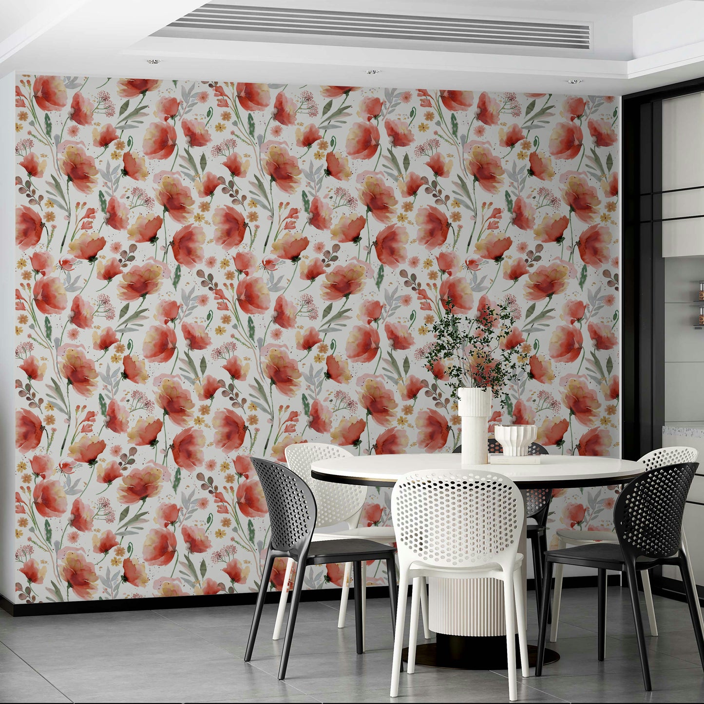 Soft floral wallpaper with orange blooms in a flowing layout.

