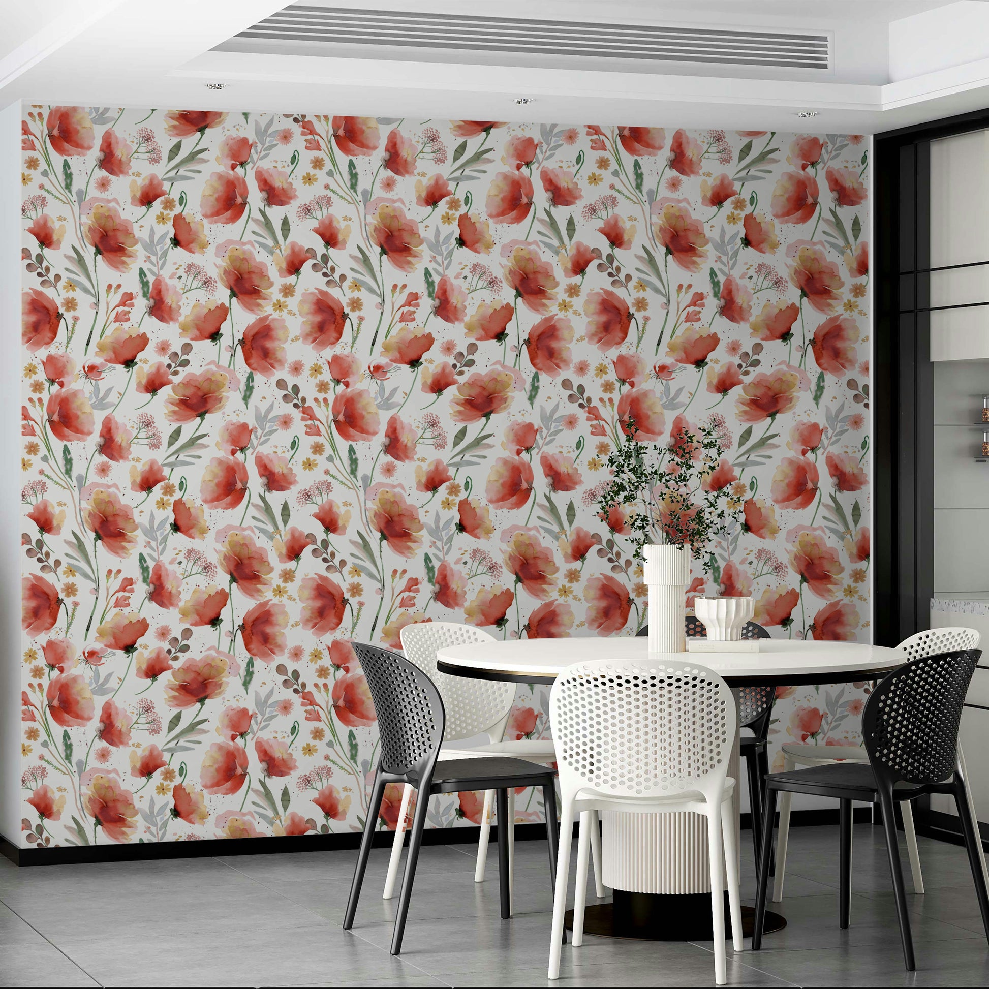 Soft floral wallpaper with orange blooms in a flowing layout.

