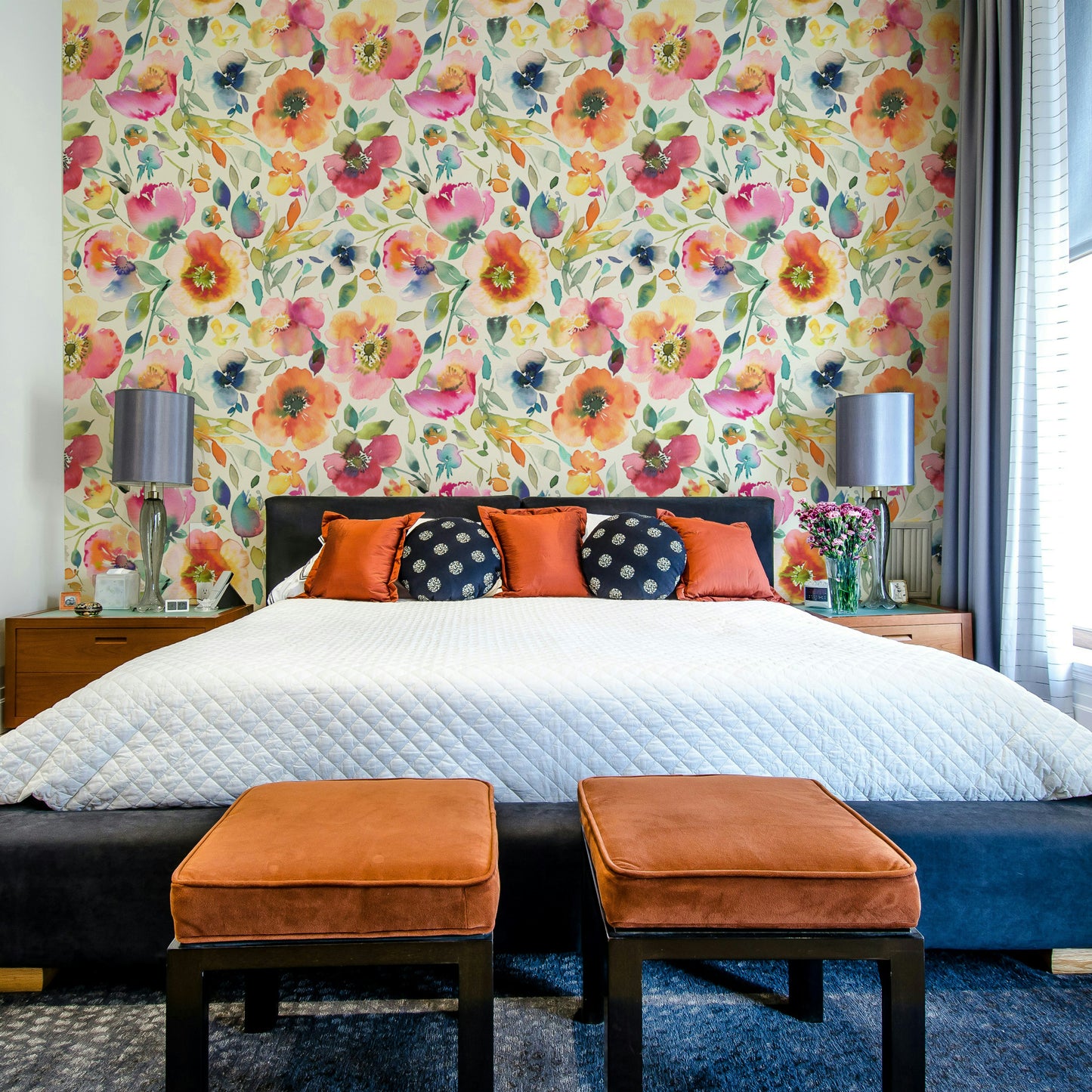 Bright orange floral design with a psychedelic vintage feel.

