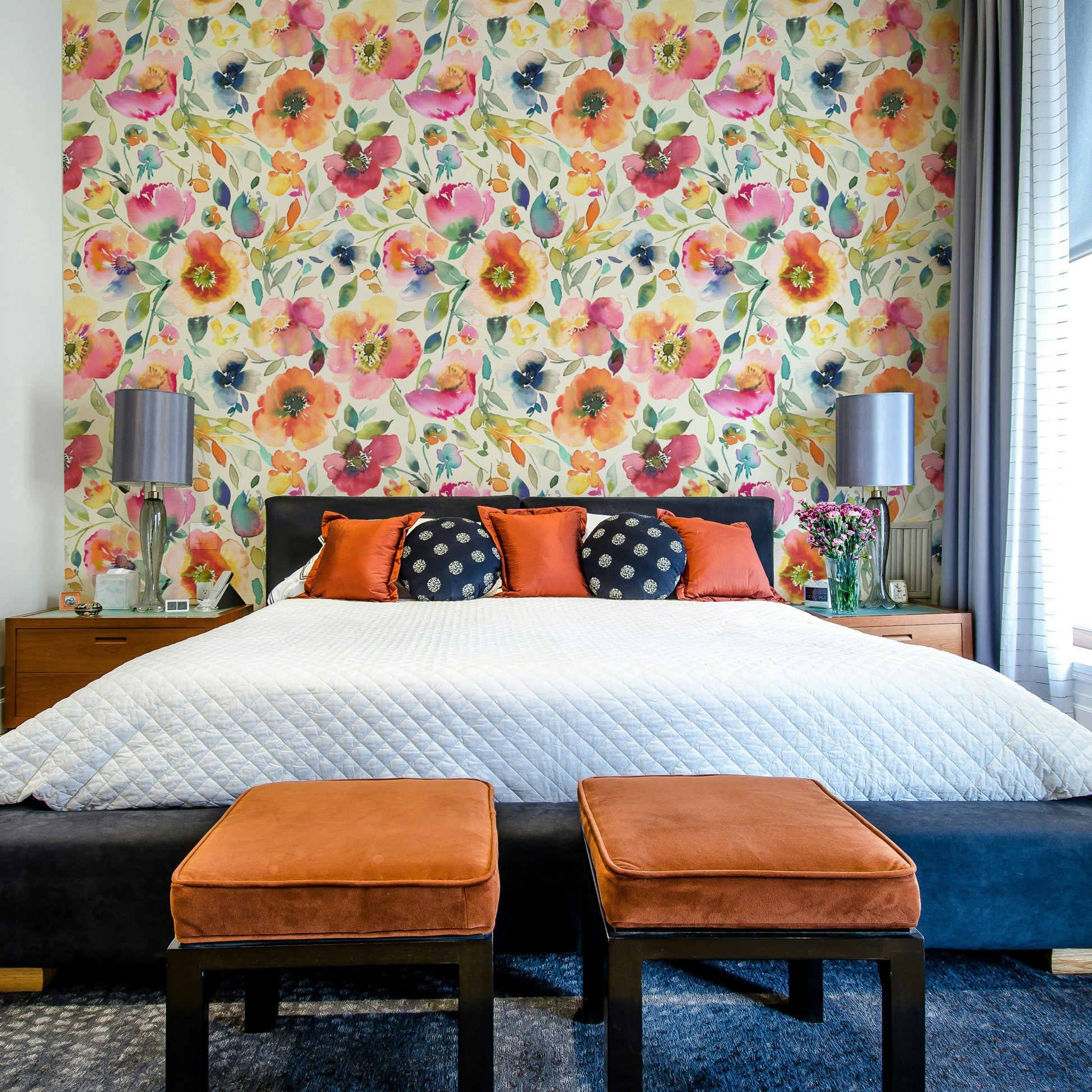 Bright orange floral design with a psychedelic vintage feel.

