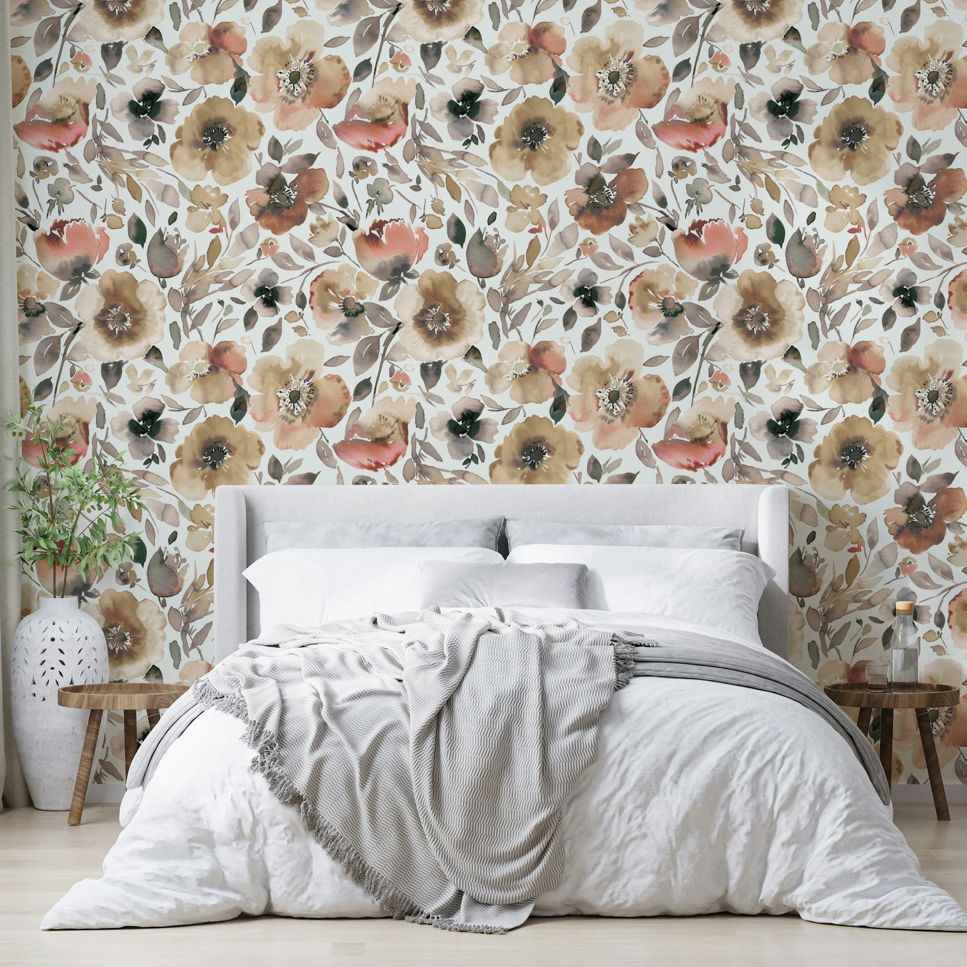 Wallpaper with oversized spring poppies in retro colors.


