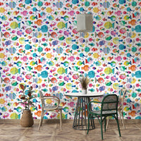 Ocean kids wallpaper with cheerful aquatic characters.

