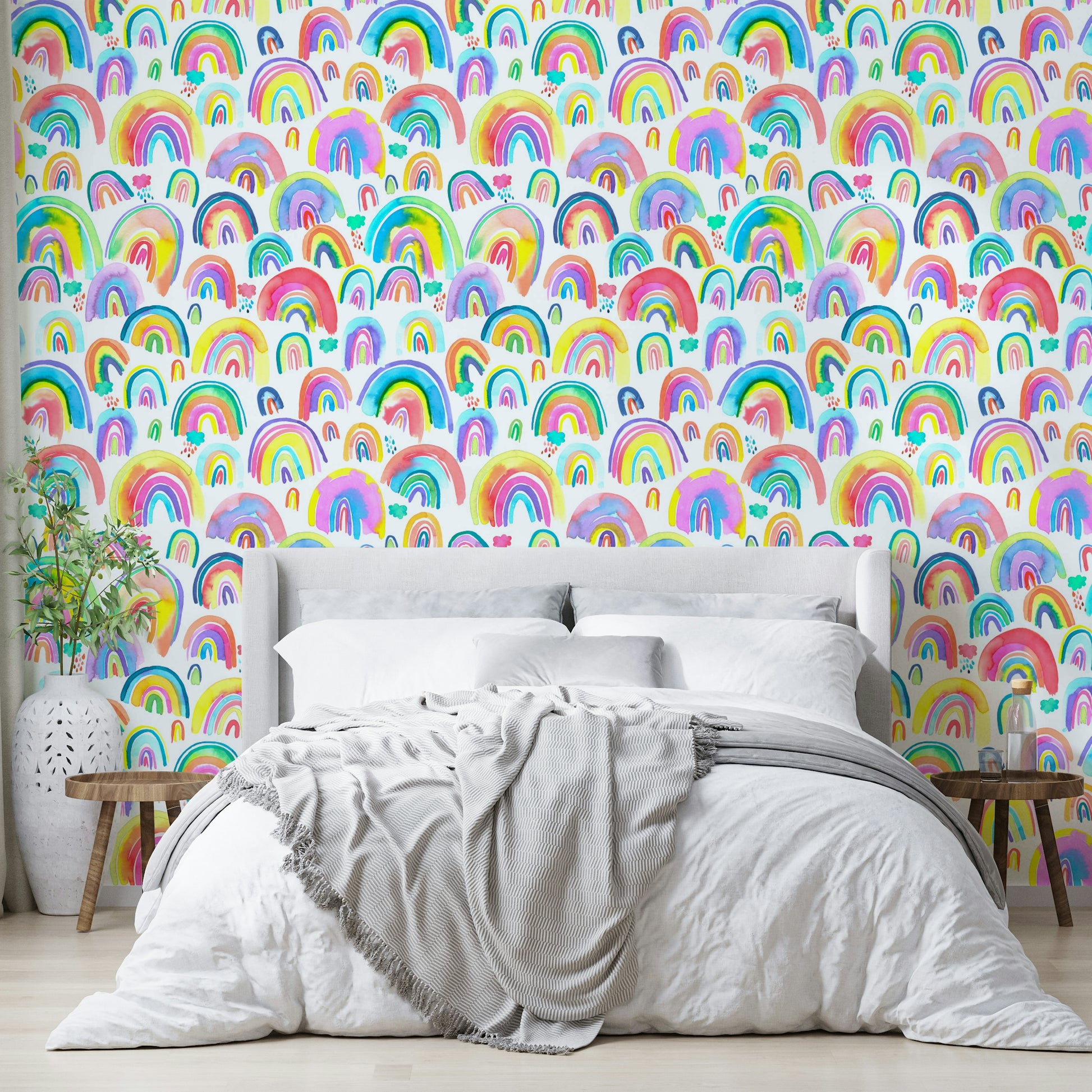 Joyful wallpaper with vivid rainbow stripes in watercolor style.

