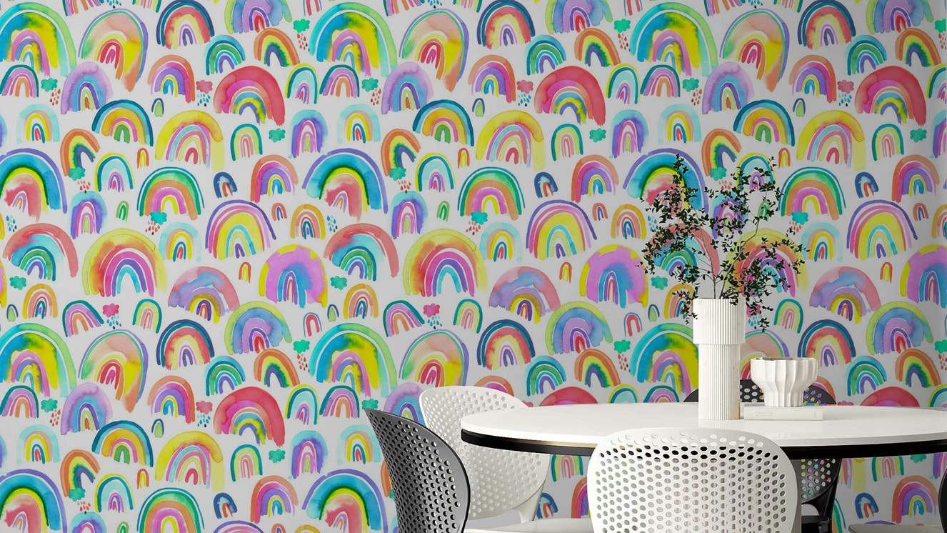 Rainbows Watercolor Neon Wallpaper with vibrant hand-painted arcs.


