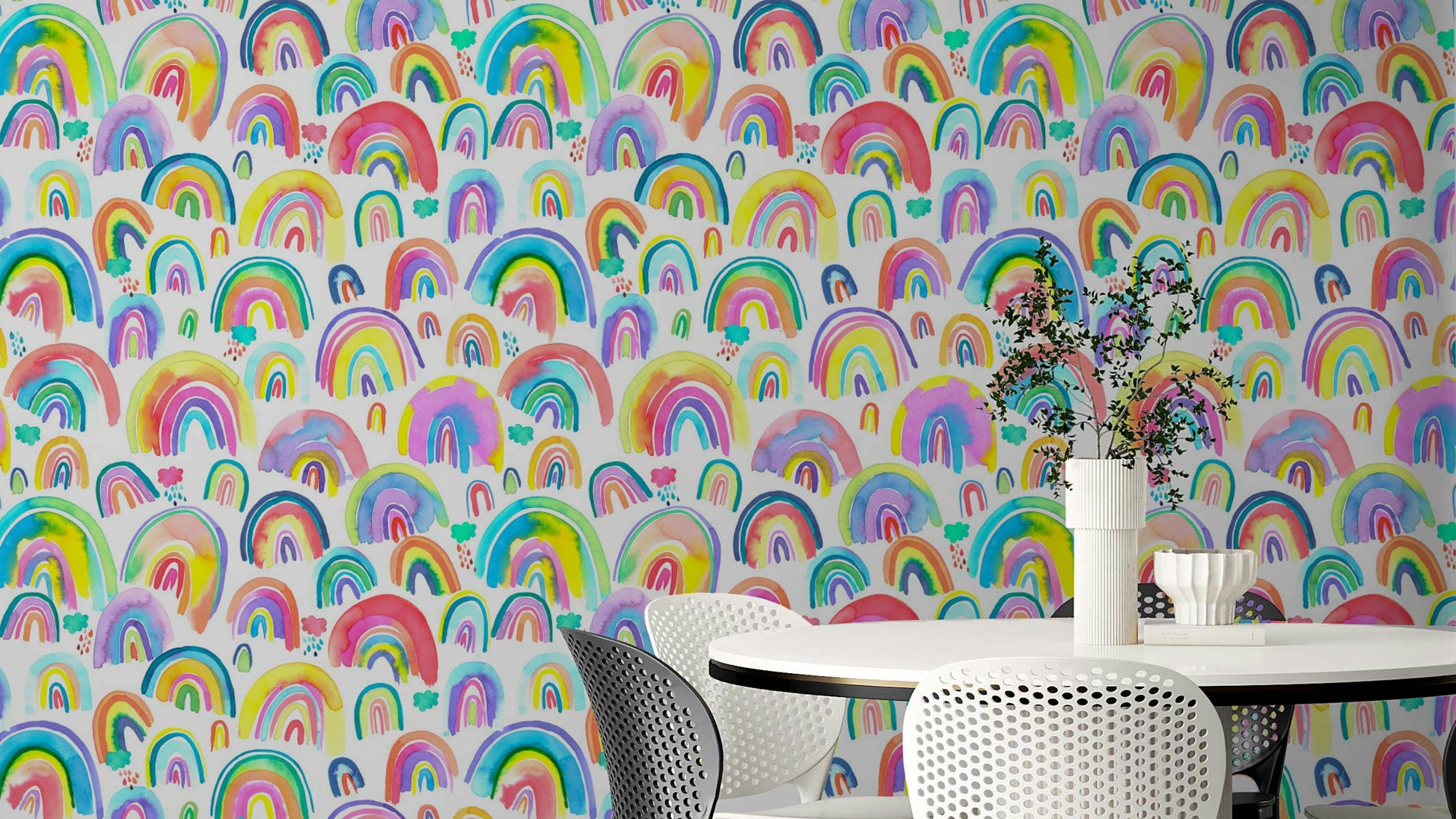Rainbows Watercolor Neon Wallpaper with vibrant hand-painted arcs.

