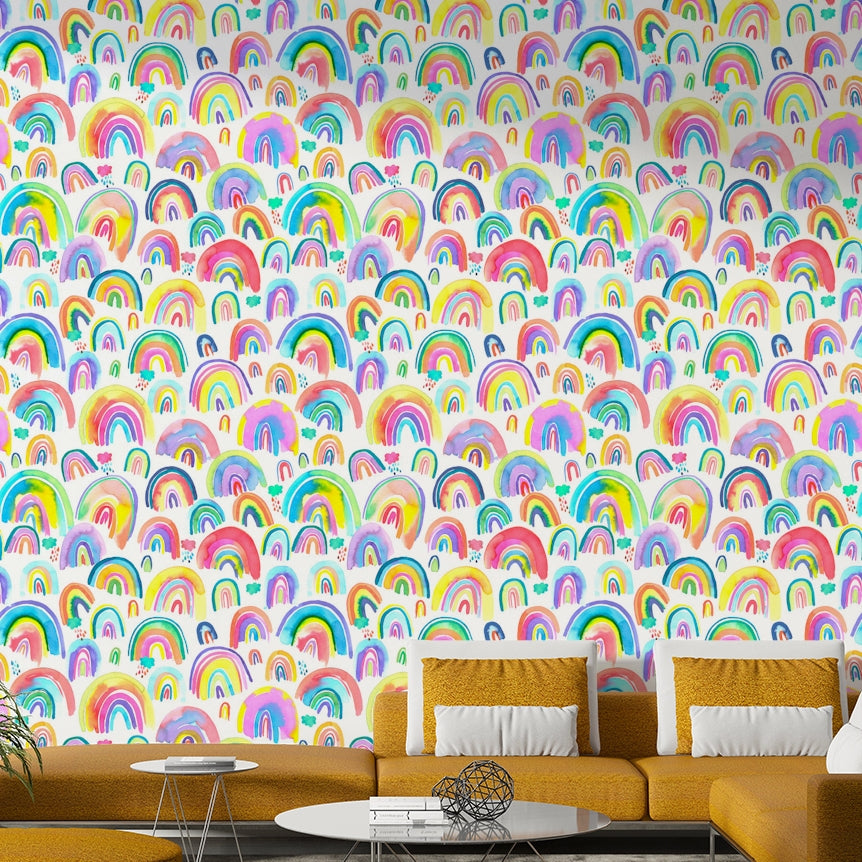 Neon rainbow mural in watercolor textures for fun interiors.

