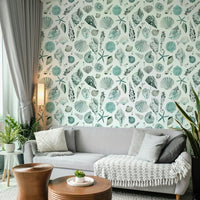 Wallpaper with ocean-inspired shell designs in breezy tones.

