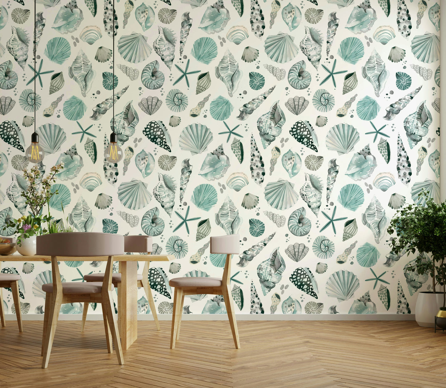 Marine-themed wallpaper with blue seashells and sandy vibe.

