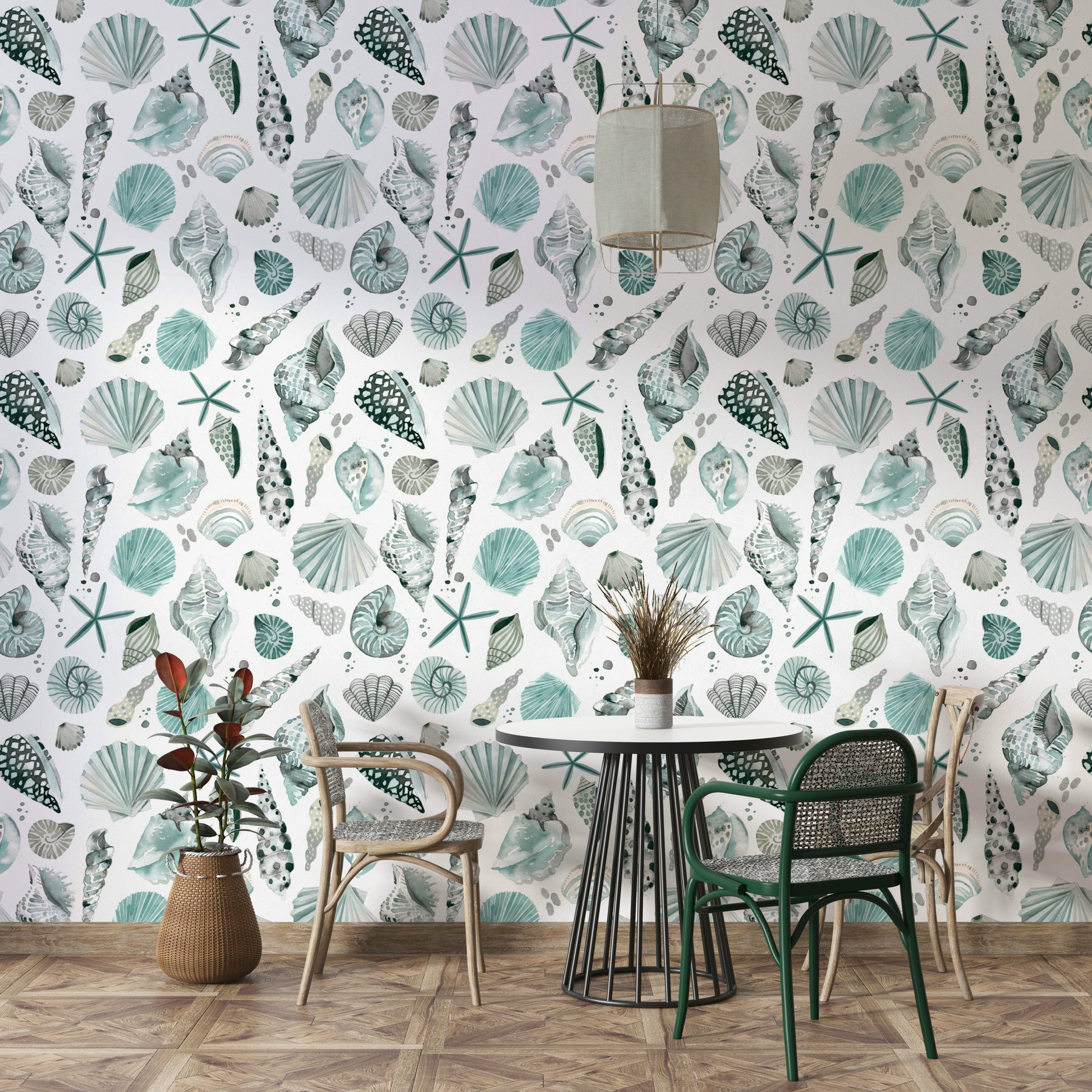 Wallpaper featuring hand-drawn marine shells in calm blue tones.

