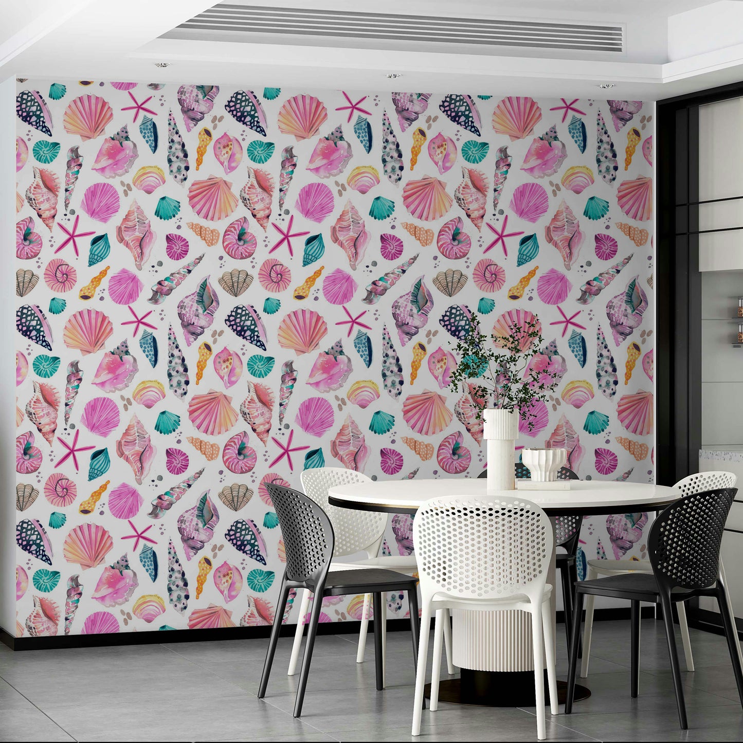 Wallpaper featuring marine shell illustrations in pastel tones.

