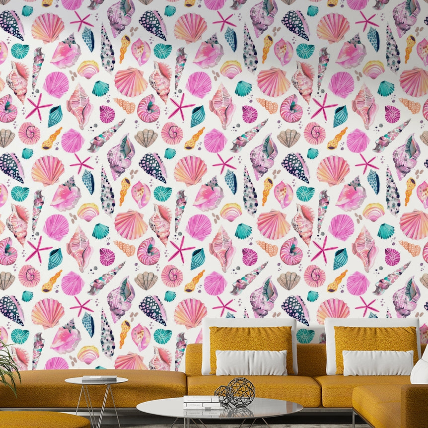 Wallpaper with gentle shell motifs in a light pastel palette.

